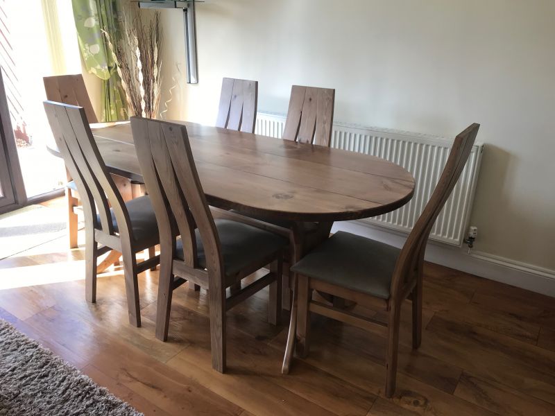 A Brand New Design of Dining Table and Chairs handcrafted from solid Pine with an elegant Oak stain and lacquered finish&period; : Swipe To View More Images