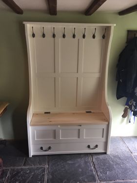 Click Here To Enlarge This Photo Of High Back Monks Bench with Coat Hooks and Drawer