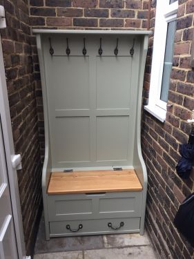 Click Here To Enlarge This Photo Of High Back Monks Bench with Coat Hooks and Drawer