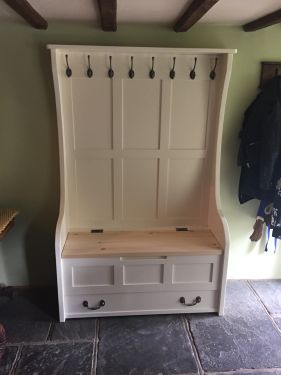 Click Here To Enlarge This Photo Of High Back Monks Bench with Coat Hooks and Drawer